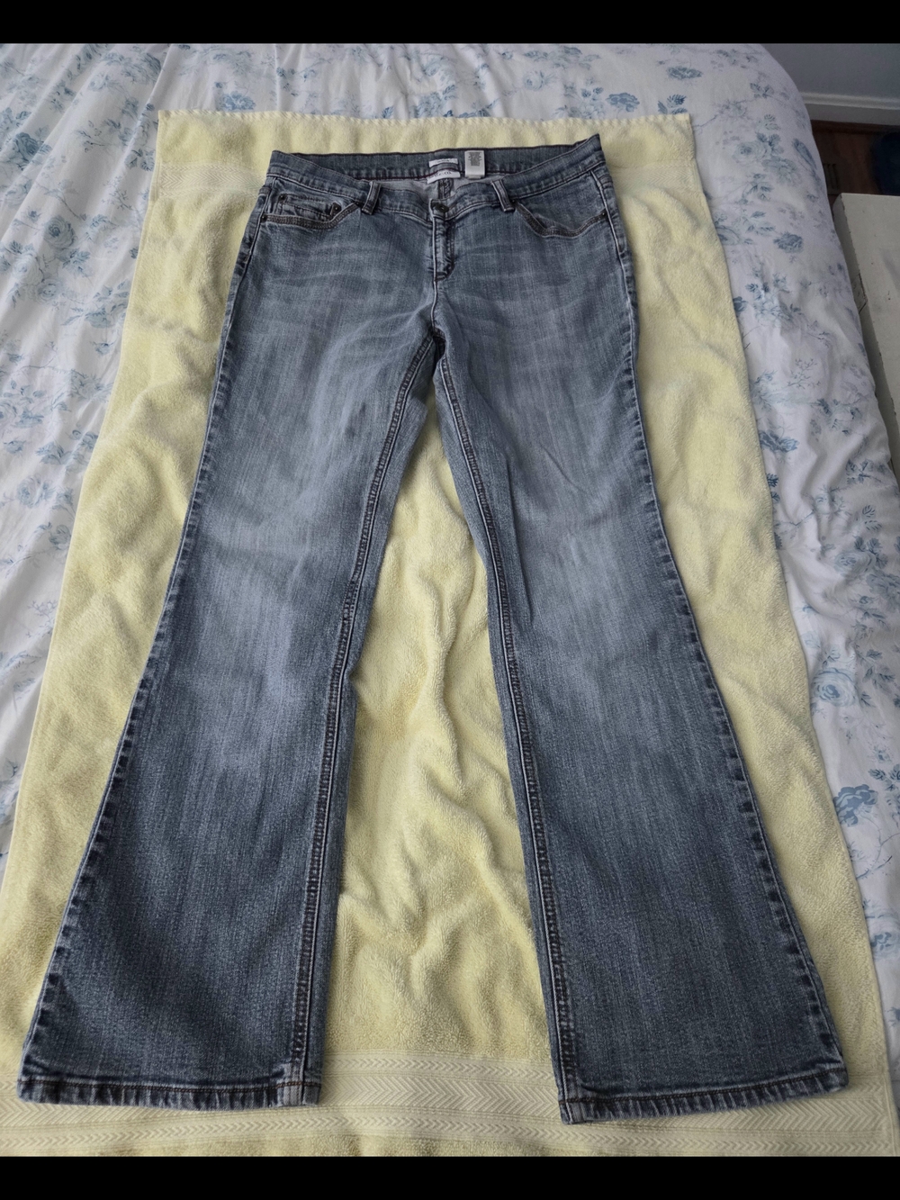 liz & co. Medium Wash Stretch Bootcut Jeans With Butterfly Embroidery.